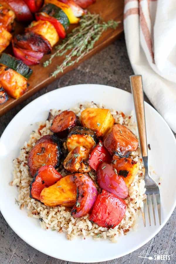 Grilled Sausage and Grilled Vegetable Skewers with Pineapple BBQ Sauce