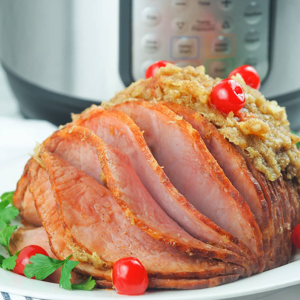 holiday ham sitting in front of instant pot