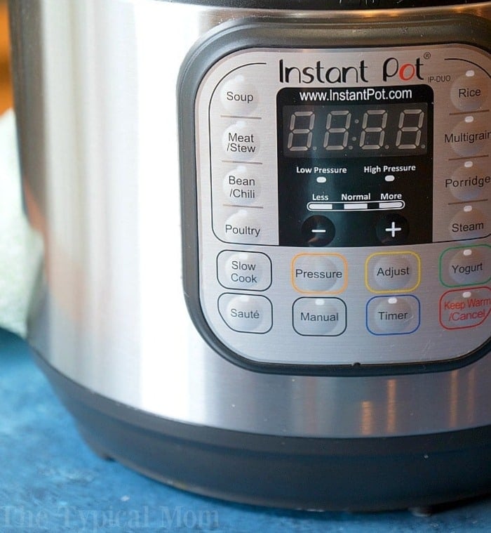 close-up of an instant pot on a blue table