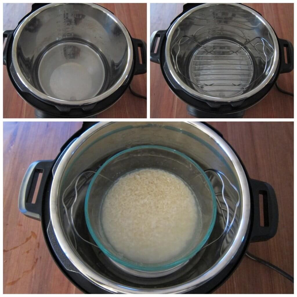 three shots of an instant pot demonstrating the pot in the pot method