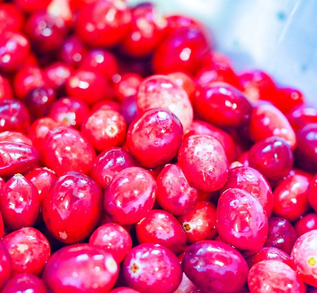 close up shot of cranberries in a strainer