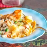 baked chicken pot pie on a blue edged ribbon plate on a table with a fork