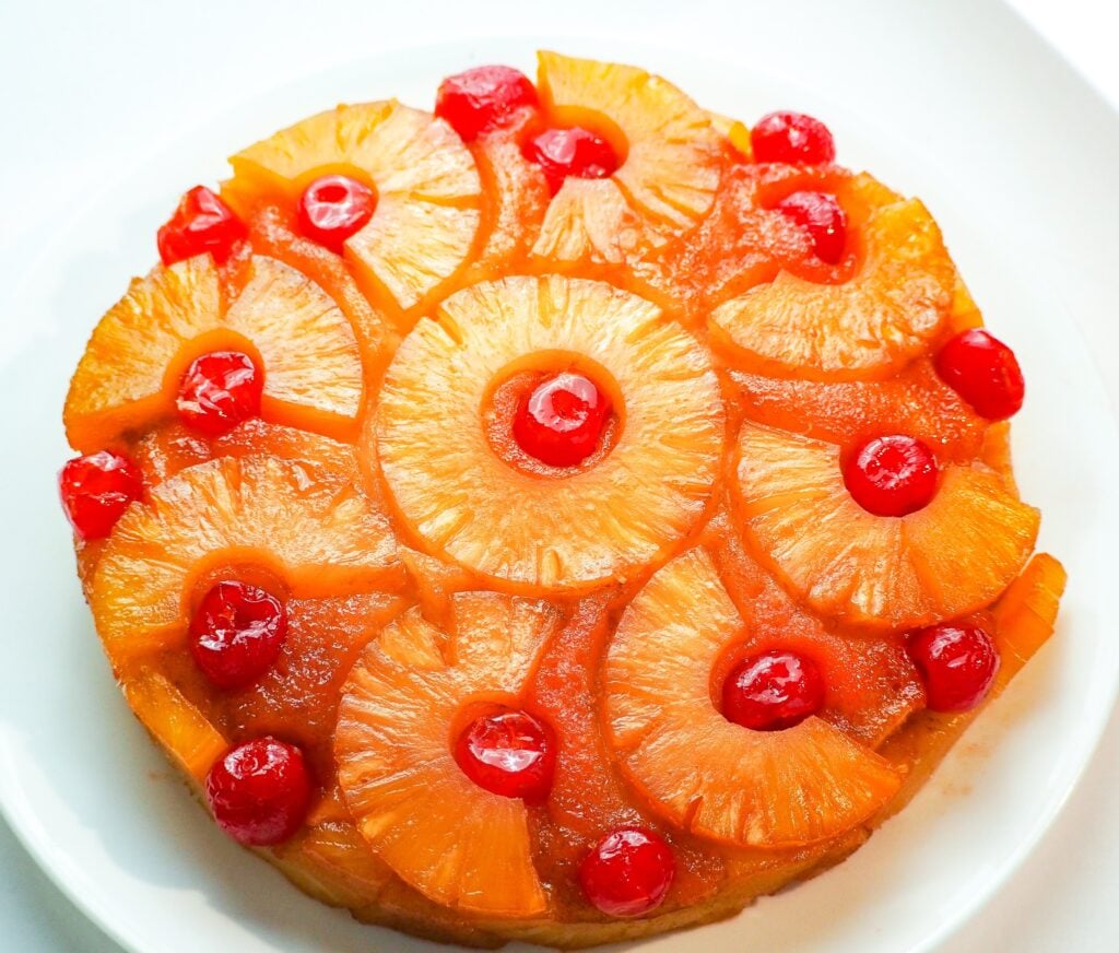 Overhead shot of pineapple upside down cake