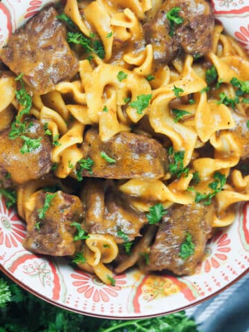 beef stroganoff in white bowl with red designs