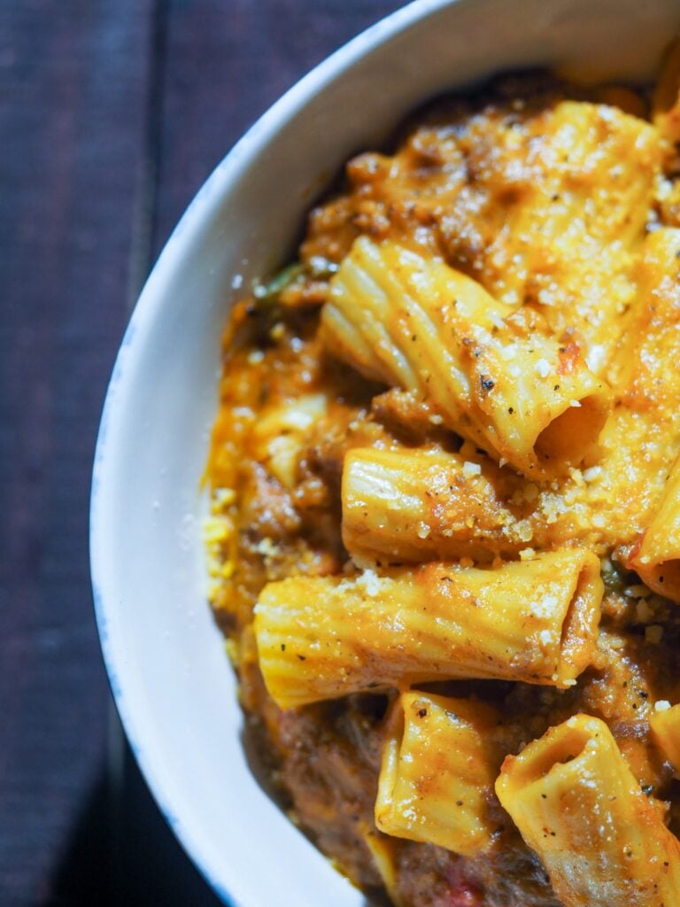 overhead shot of ziti in bowl