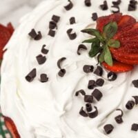 overhead view of chocolate strawberry cake