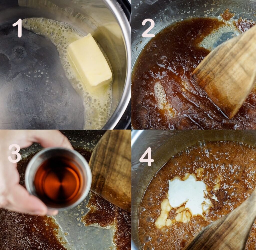 photo collage showing steps to make the sauce for bananas foster