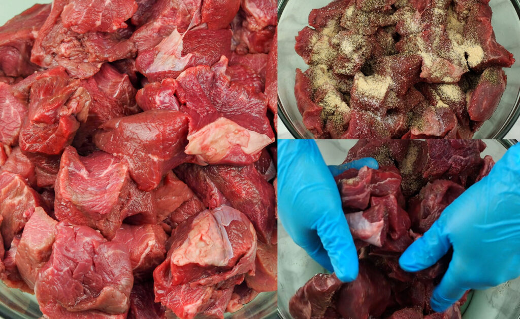 how to picture of raw beef tips cubed on left, beef tips with seasoning on tip in upper right, and bottom right mixing beef tips with seasoning by hand with blue gloves
