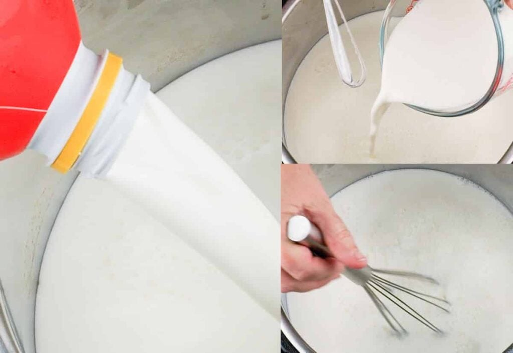 how to prepare to incubate yogurt - pour milk in pot, add starter, and whisk
