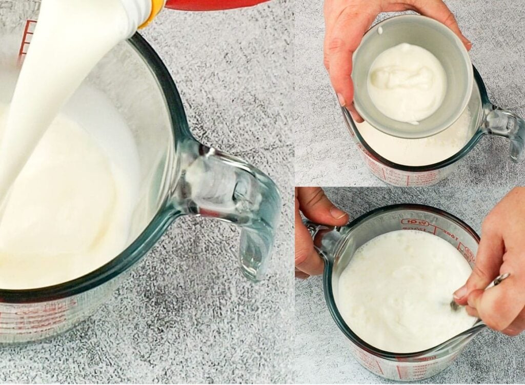how to prepare the starter - milk in glass measuring cup, add yogurt, and whisk