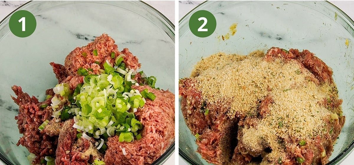 photo collage of adding ingredients to bowl to form meat mixture for meatballs