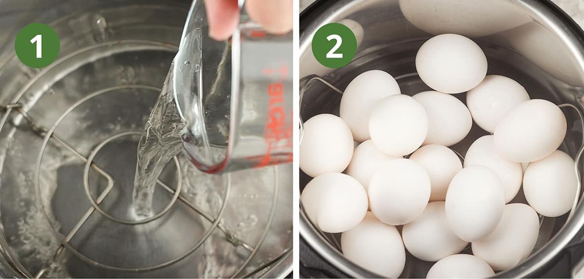 adding water, rack, and eggs to instant pot for cooking
