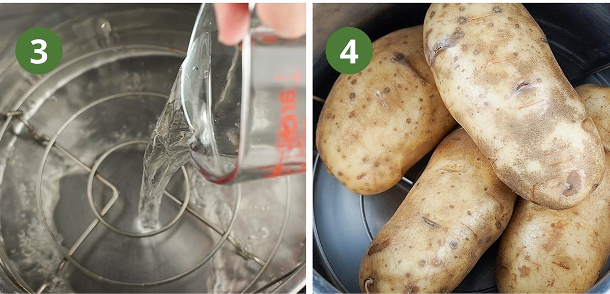 insert rack, pour water in, and add potatoes inside Instant Pot