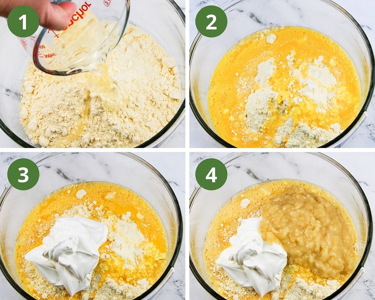 adding cake ingredients to mixing bowl