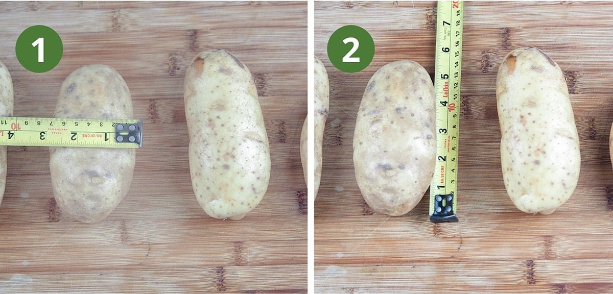 russet potatoes on cutting board showing measurement with tape