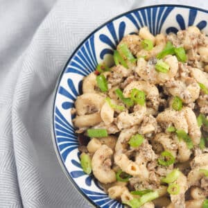 easy stroganoff in blue and white bowl