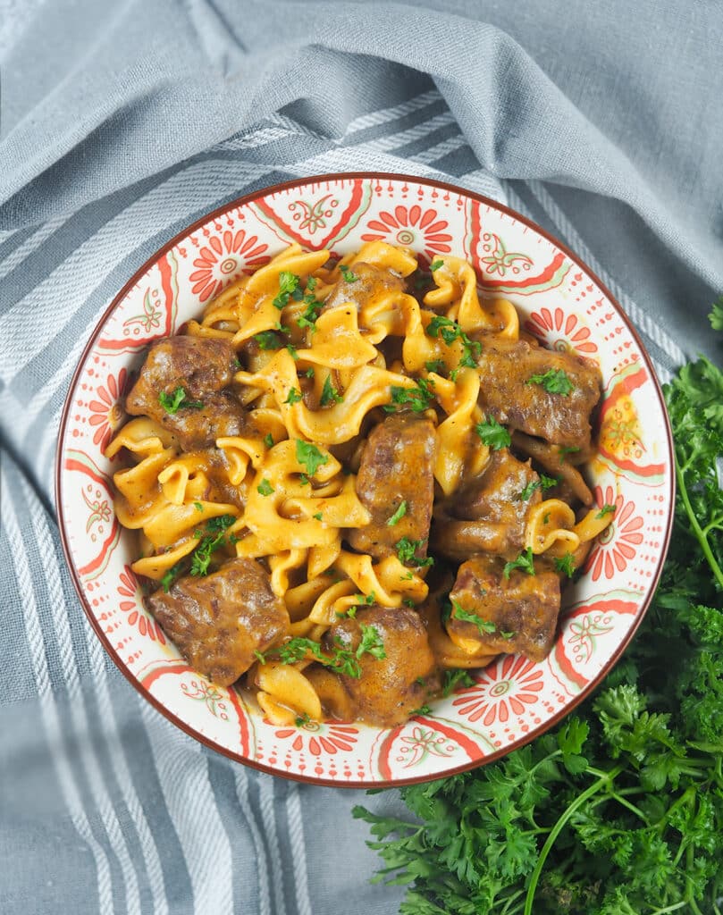 BEEF STROGANOFF IN RED AND WHITE BOWL NEXT TO GREY LINEN TOWEL