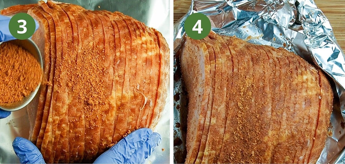 applying pork rub and putting ham in foil boat