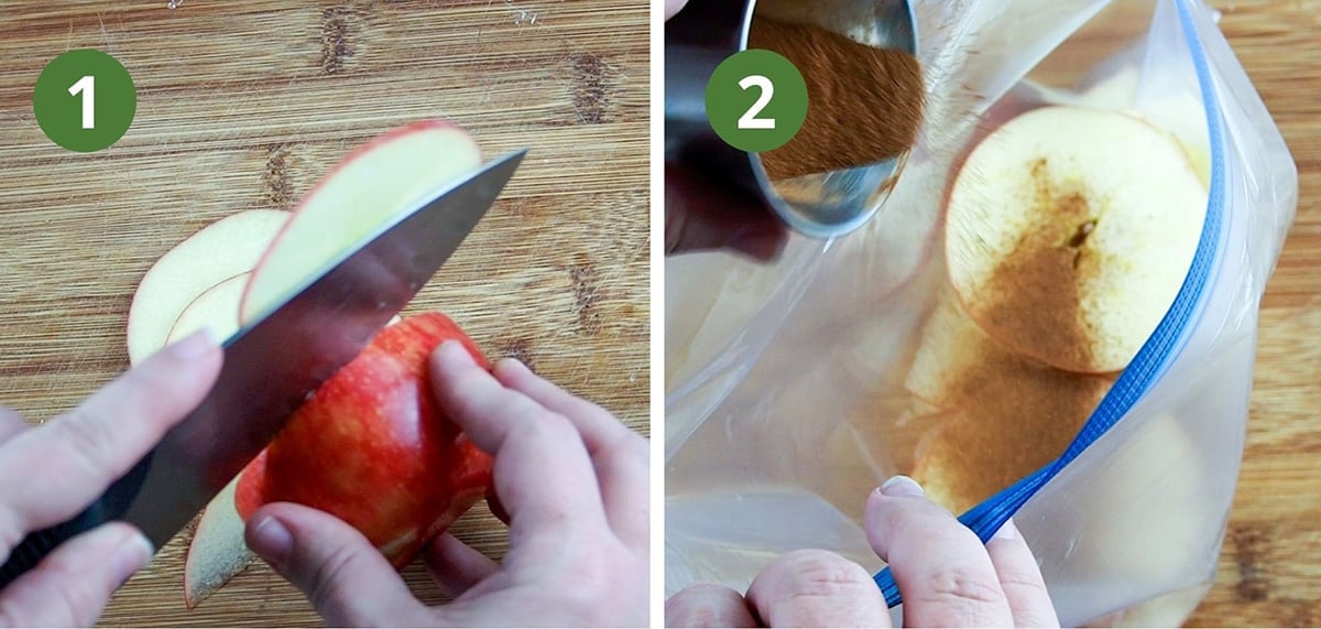 slicing apples and seasoning with cinnamon