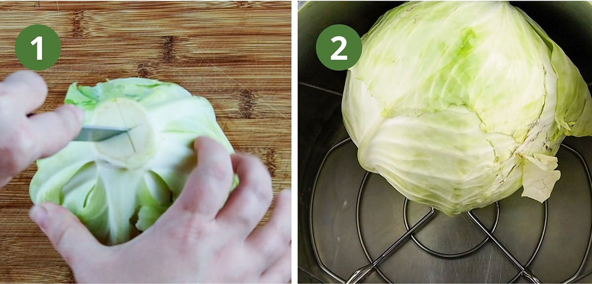 prepping a cabbage head for cooking