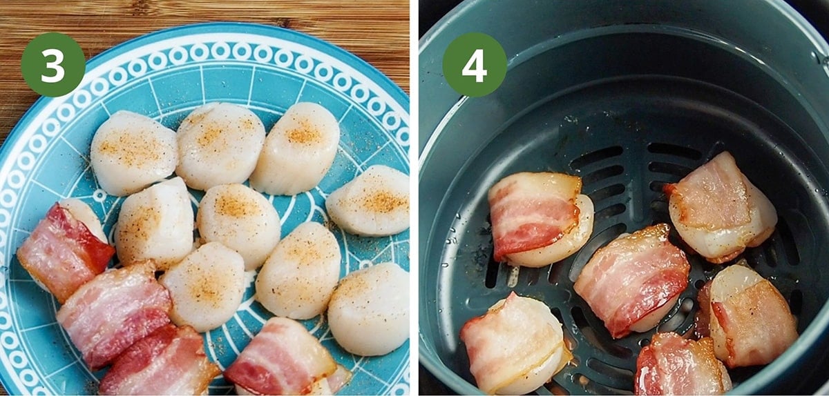 wrapping bacon on scallops and cooking in air fryer