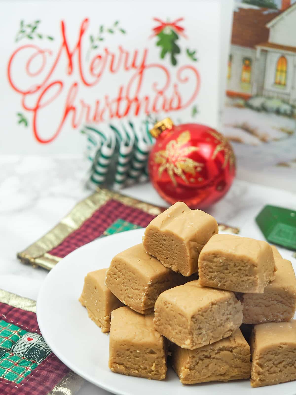 fudge on a plate with ornaments