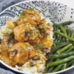 chicken meatballs in bowl with green beans