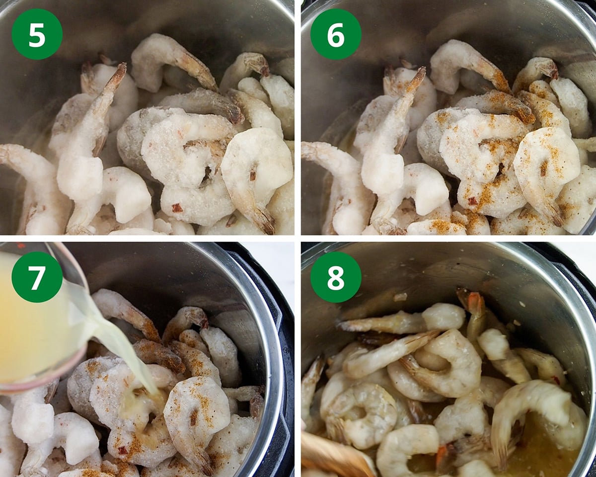add in frozen shrimp, broth, and toss to coat