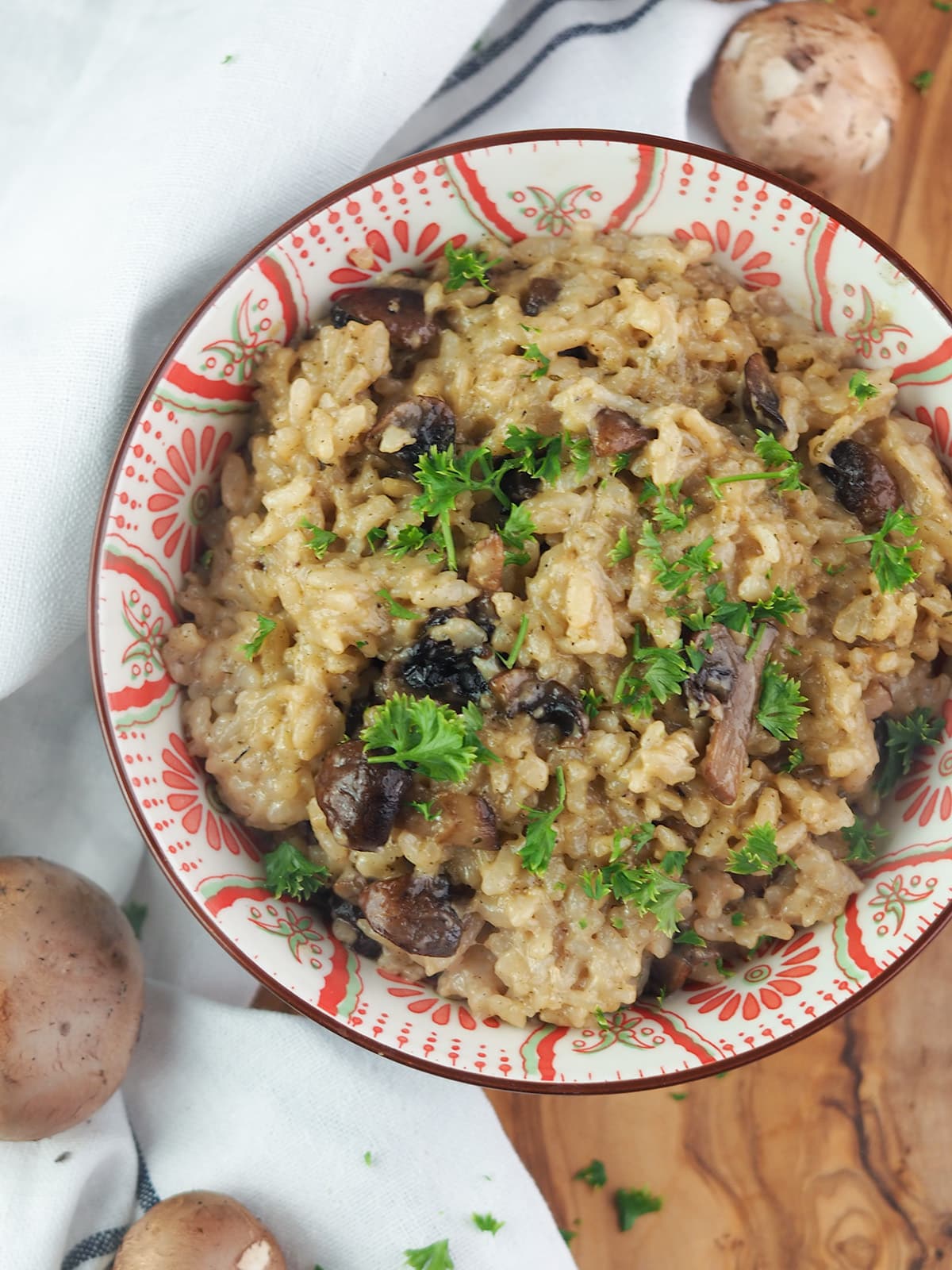 mushroom risotto in bowl with red and green designs