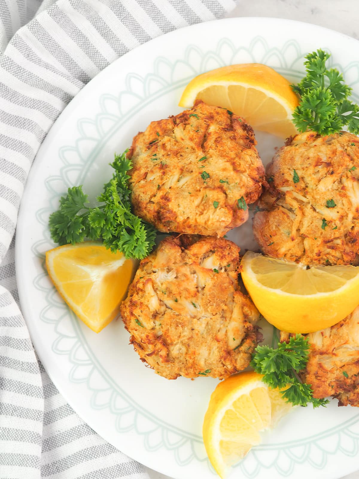 air fryer crab cakes on white plate