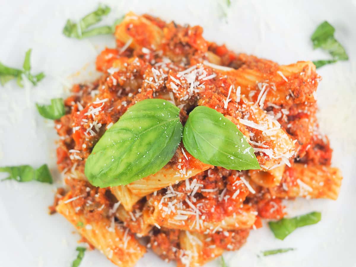 bolgnese with pasta and basil