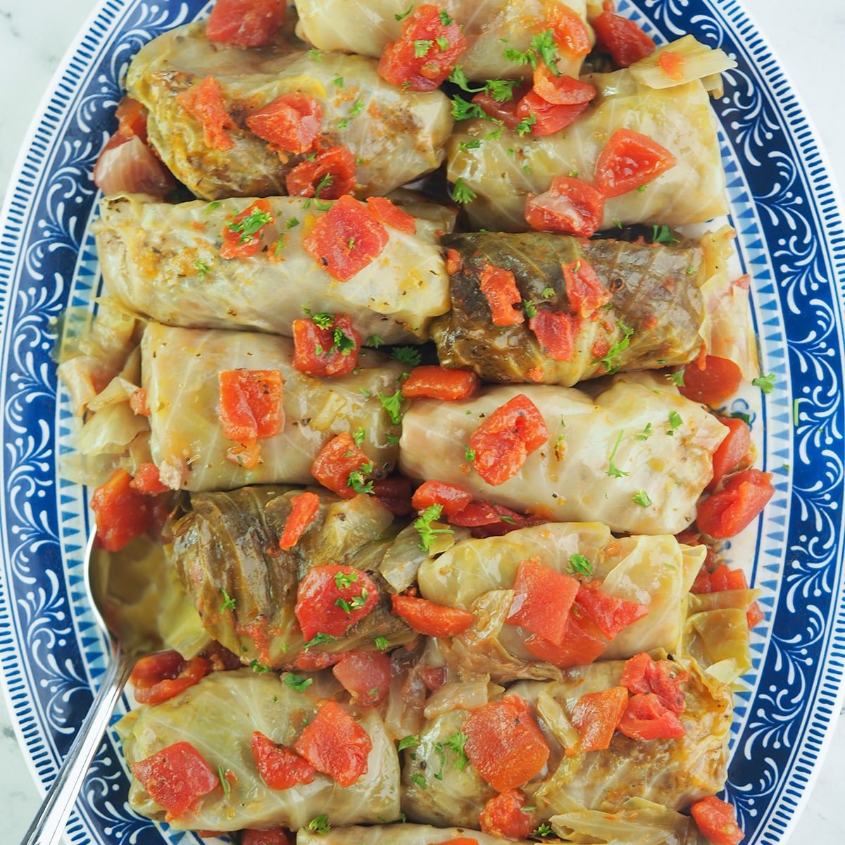 cabbage rolls on blue and white platter topped with diced tomatoes