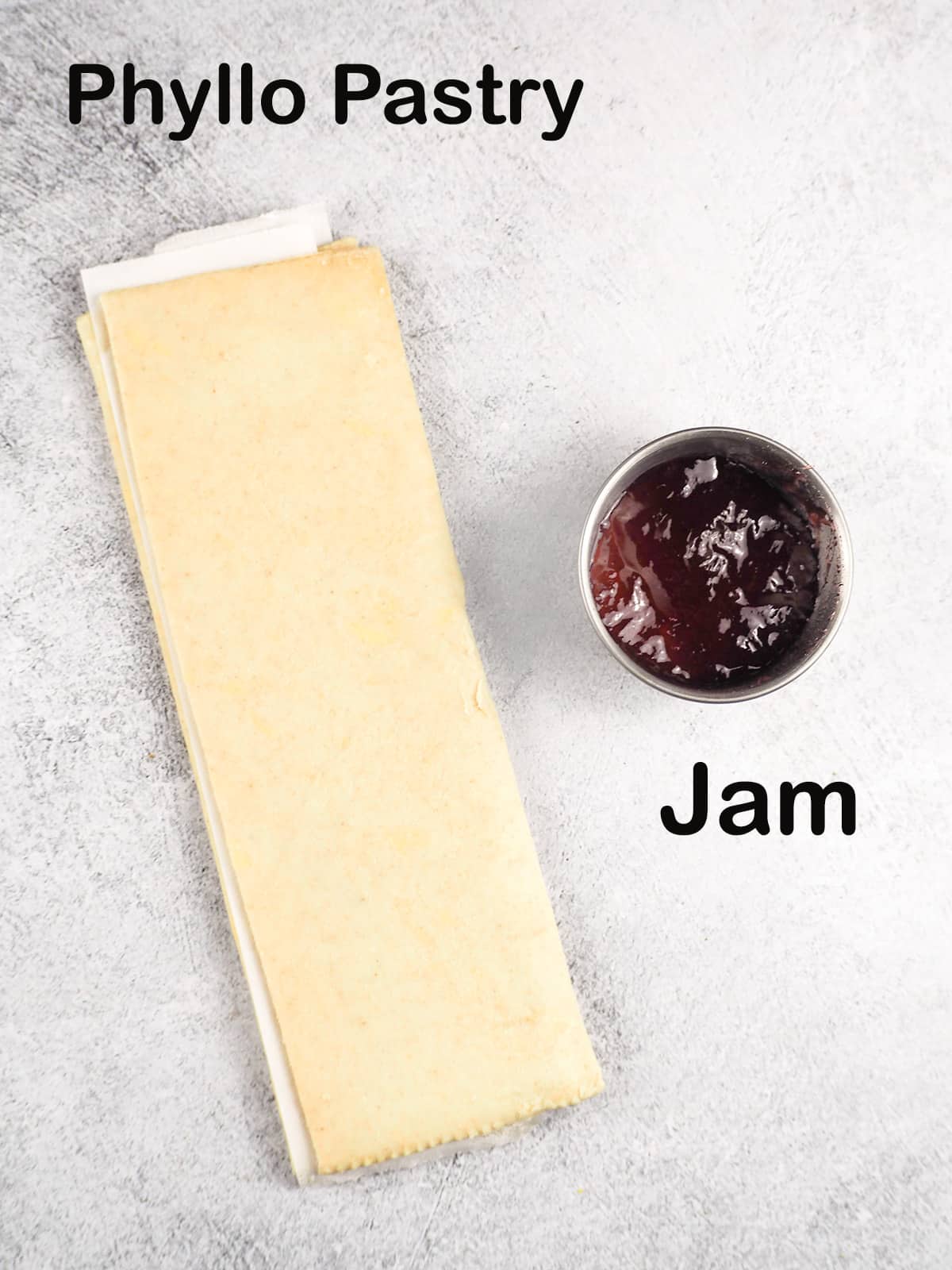 Ingredients for danishes: your favorite jam, and phyllo freezer pastry.