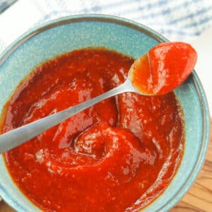 spicy ketchup in blue bowl