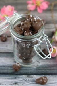 Salted chocolate coffee beans stacked in a clear mason jar with lid.