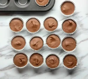 Peanut butter cups arranged in rows and columns on marble table.