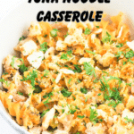 Tuna noodle casserole in bowl topped with parsley