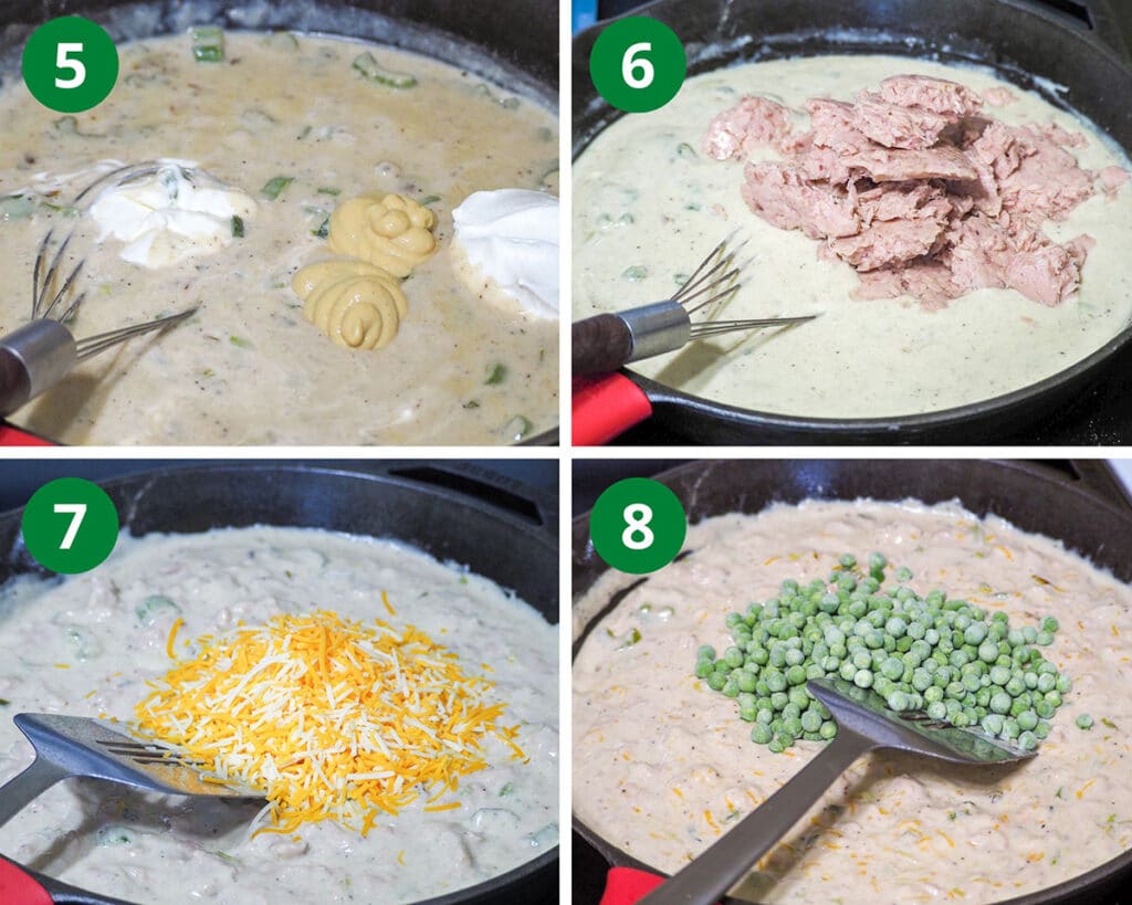 add in sour cream, mustard, tuna, cheese, and peas until combined