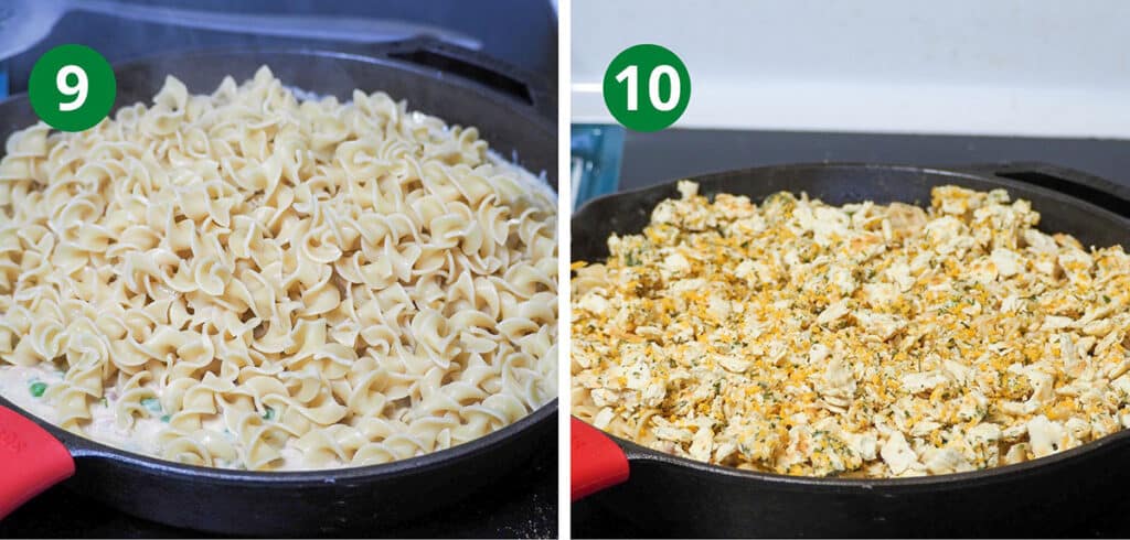 stir in noodles and top with prepared cracker topping