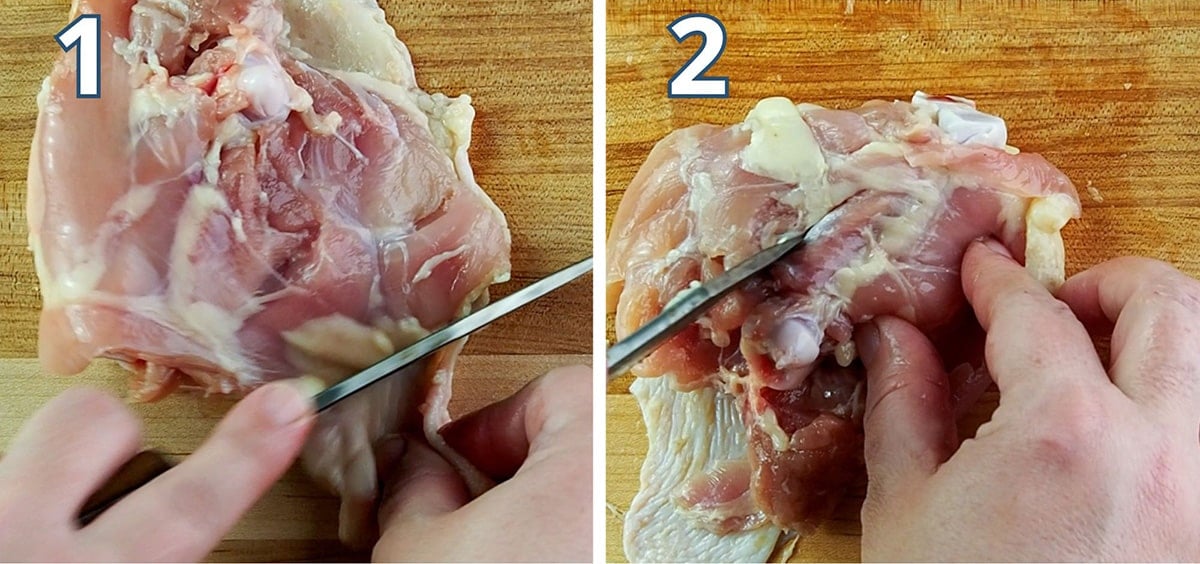 trim chicken pieces and cut slits on the meat side next to the bone