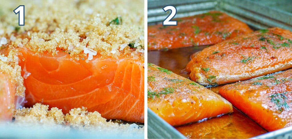 Season the salmon and cover with brown sugar